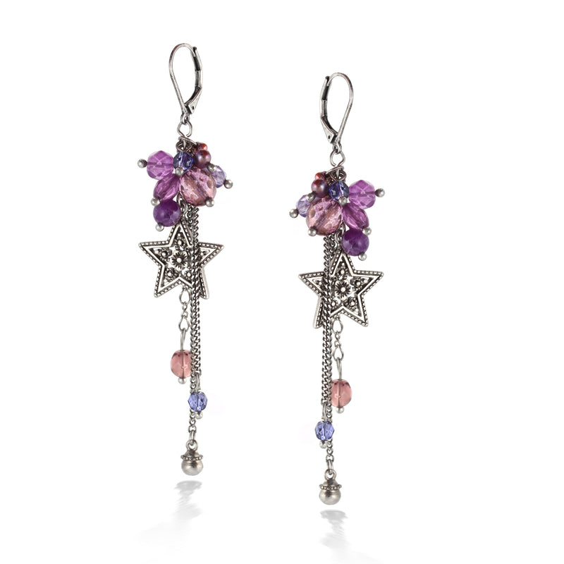 Antique Silver-Tone Metal Purple Crystal Drop Earrings
