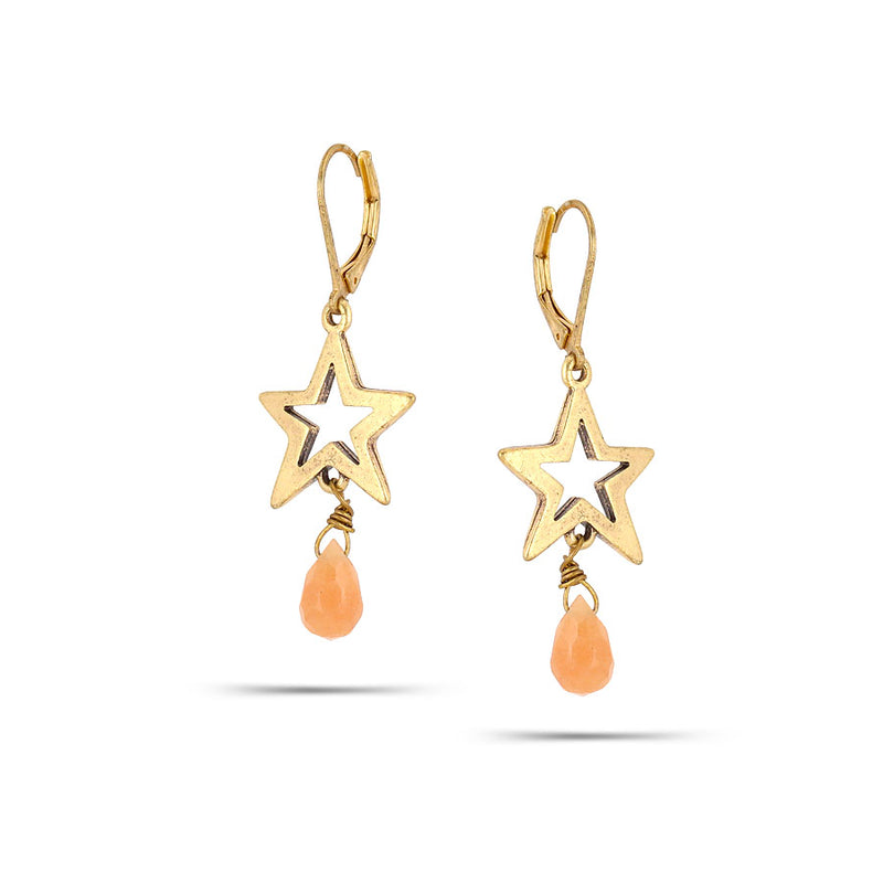 Gold-Tone Metal Peach Stone Star Dangle Earrings