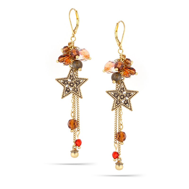 Gold-Tone Metal Brown Crystal Star Tassel Earrings