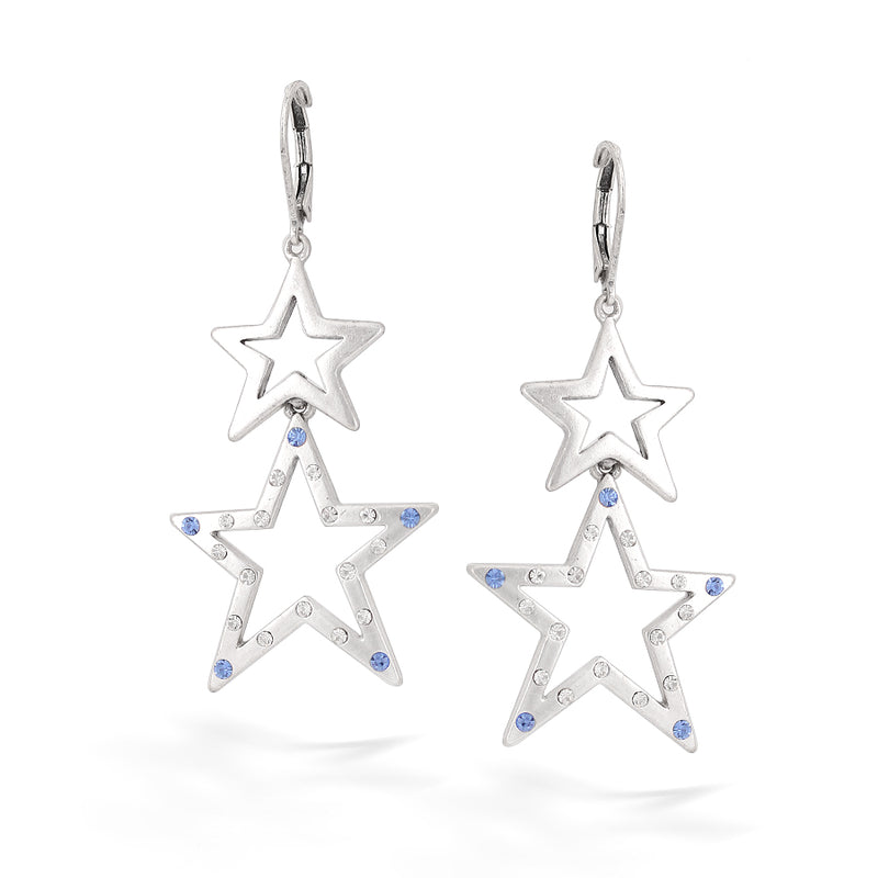 Silver-Tone Metal Blue Crystal Star Earrings