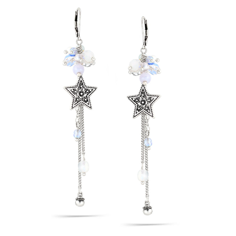 Silver-Tone Metal Light Blue Crystal Star Tassel Earrings