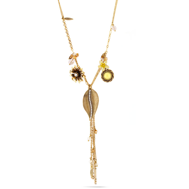 Gold-Tone Metal Flower Leaf And Crystal Charm Necklace