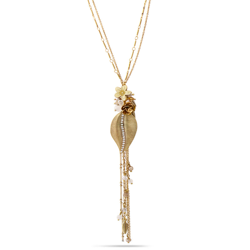 Gold-Tone Metal Flower And Leaves Crystal Adjustable Lobster Claw Closure Tassel Necklaces 