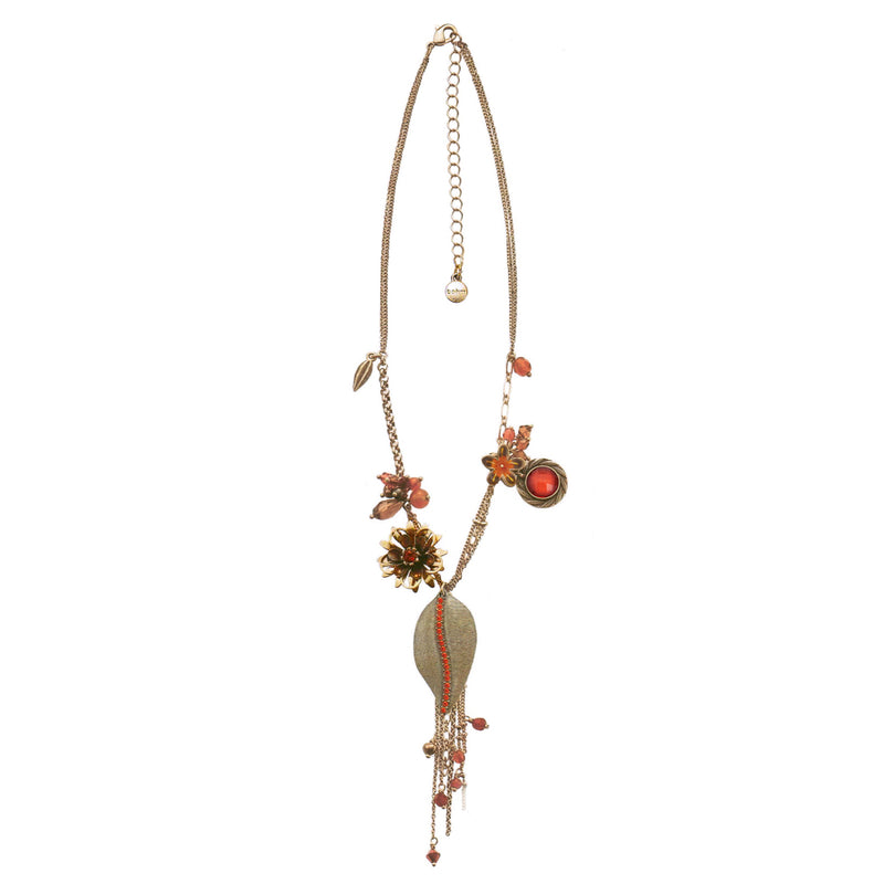 Gold-Tone Metal Flower And Leaves Red Crystaladjustable Lobster Claw Closure Necklace