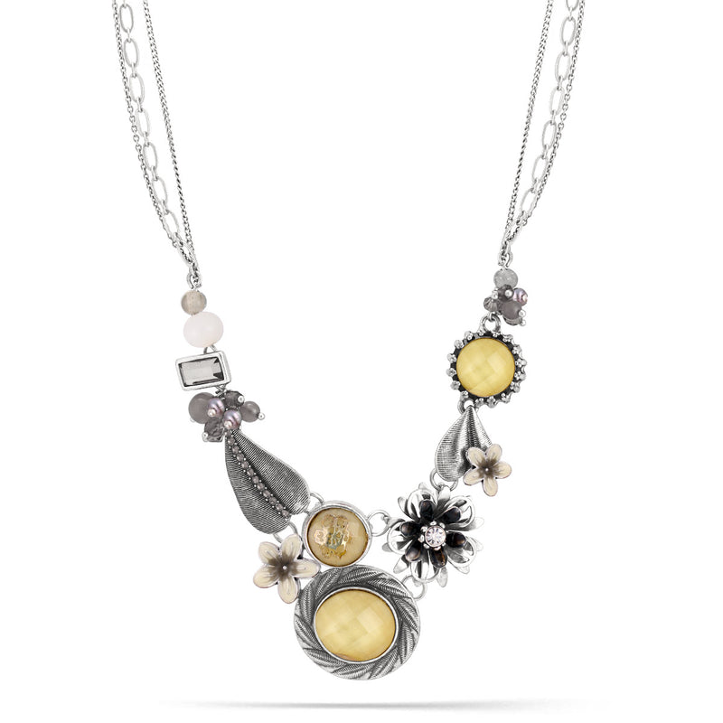 Silver-Tone Metal Flower And Leaf Crystal Necklace
