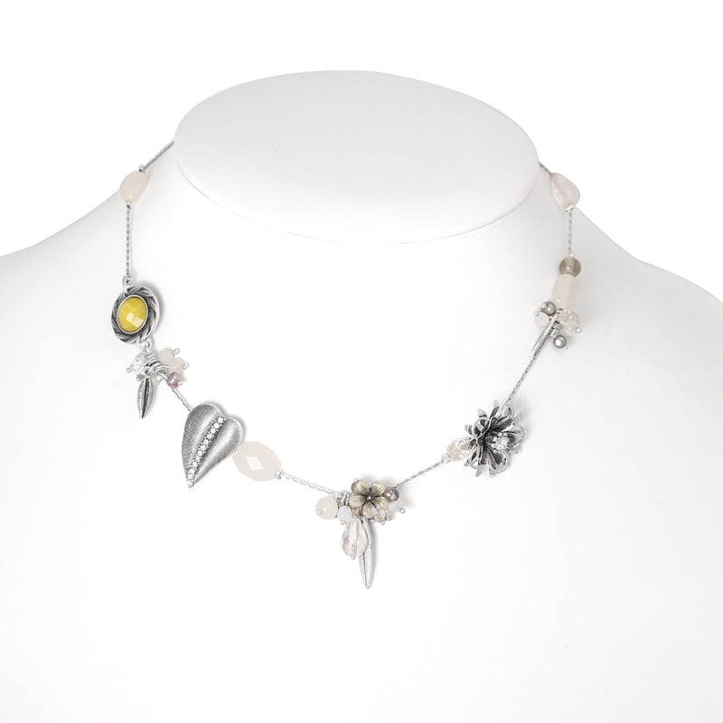 Silver-Tone Metal Flower And Leaves And Greay Beads Adjustable Lobster Claw Closure Necklaces