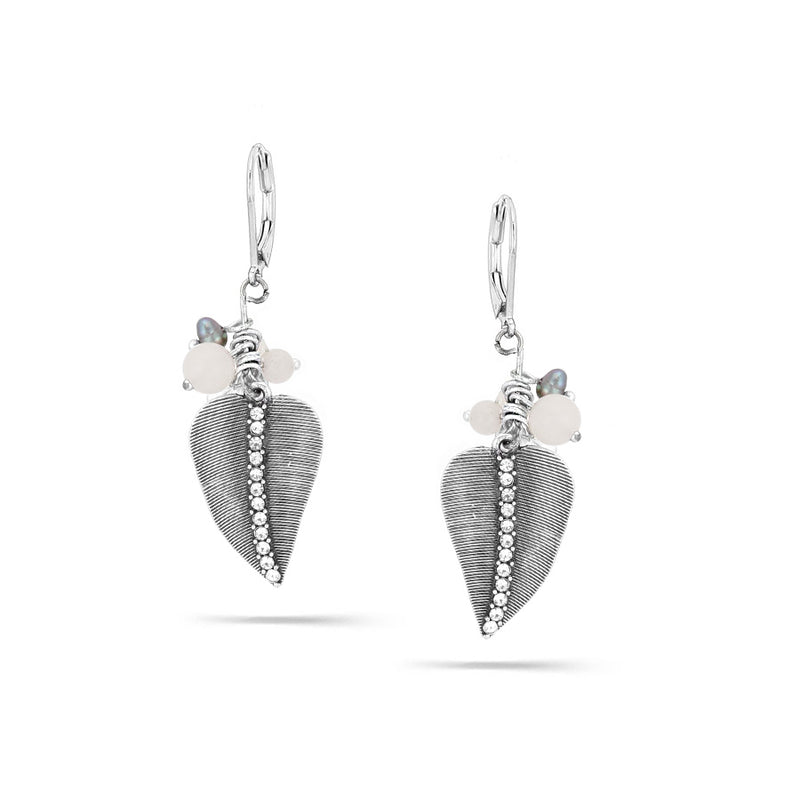 Silver-Tone Metal Leaf Crystal Drop Earrings