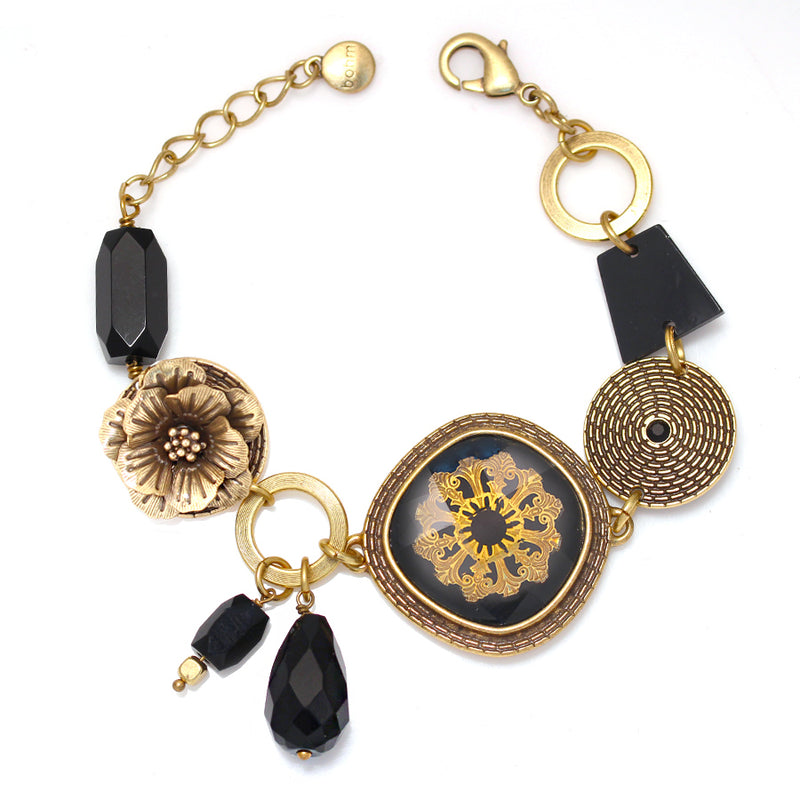 Antique-Gold Tone Metal Flower Filigre Black Wrap Around Bracelets