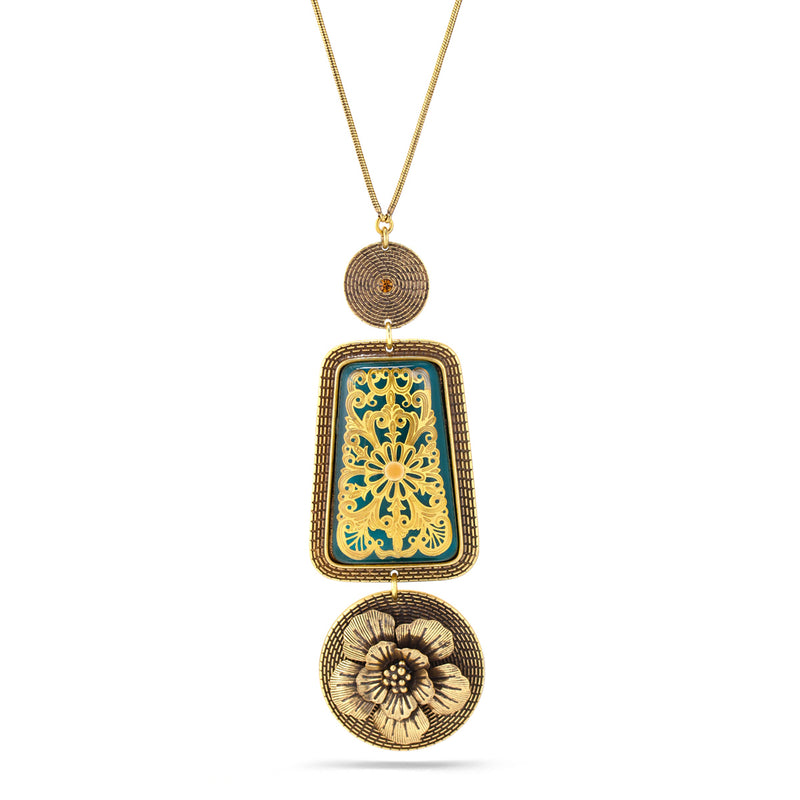 Antique-Gold Tone Metal Flower Filigree Green Pendant Necklace
