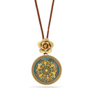 Antique-Gold Tone Metal Flower Filigree Green Round Faceted Pendant Necklace