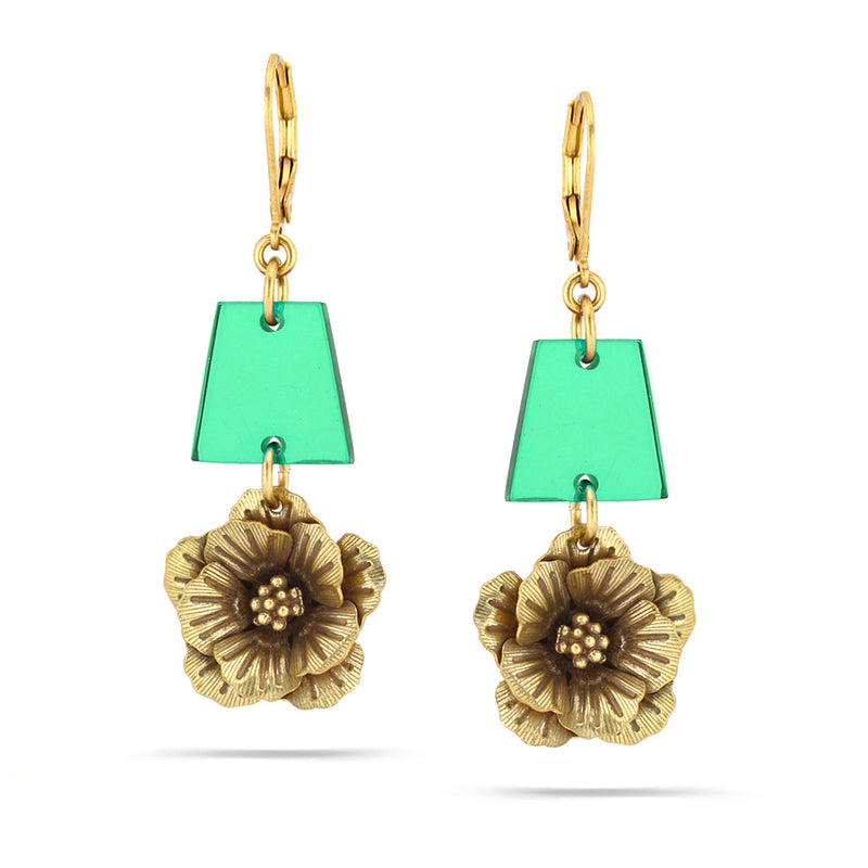 Antique-Gold Tone Metal Flower Green Color Drop Earrings