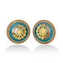 Antique Gold-Tone Metal Filigree Green Faceted Round Earrings
