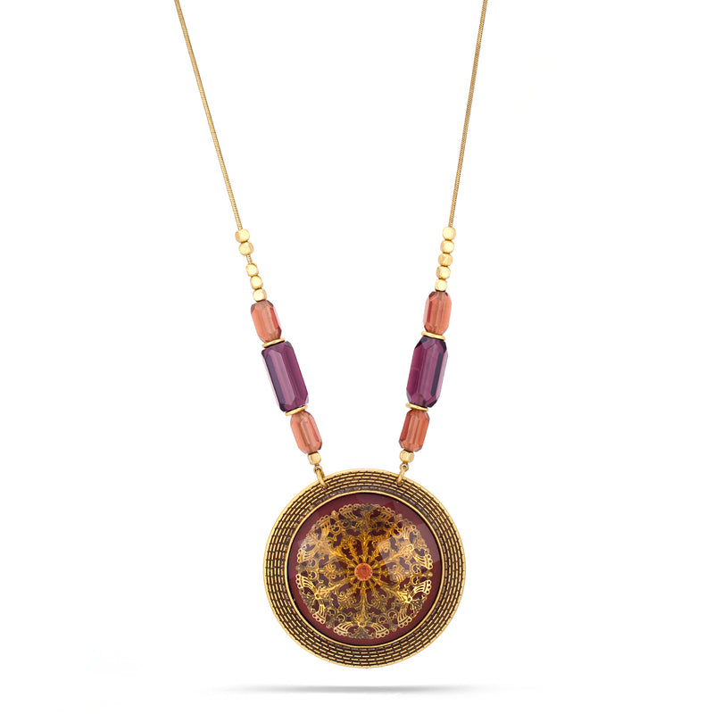 Antique-Gold Tone Metal Flower Filigree Burgundy Round Faceted Pendant Purple Beads Necklace