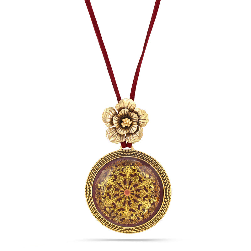 Antique-Gold Tone Metal Flower Filigree Burgundy Round Faceted Pendant Necklace