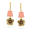 Antique-Gold Tone Metal Flower Wine Color Drop Earrings