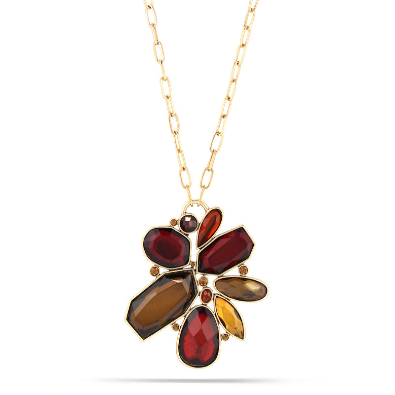 Gold-Tone Metal Red And Orange Crystal Pendnt Necklace