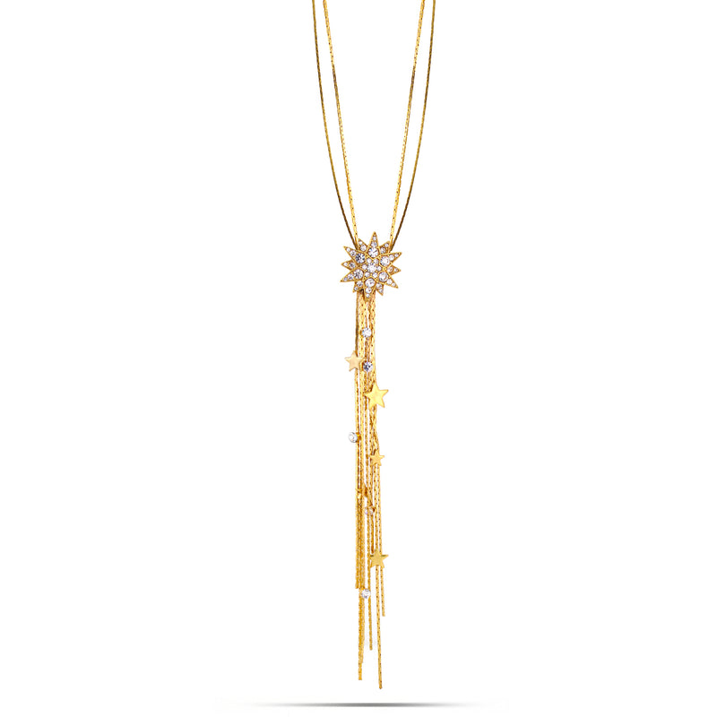 Gold-Tone Metal Star White Crystal Tassel Necklace