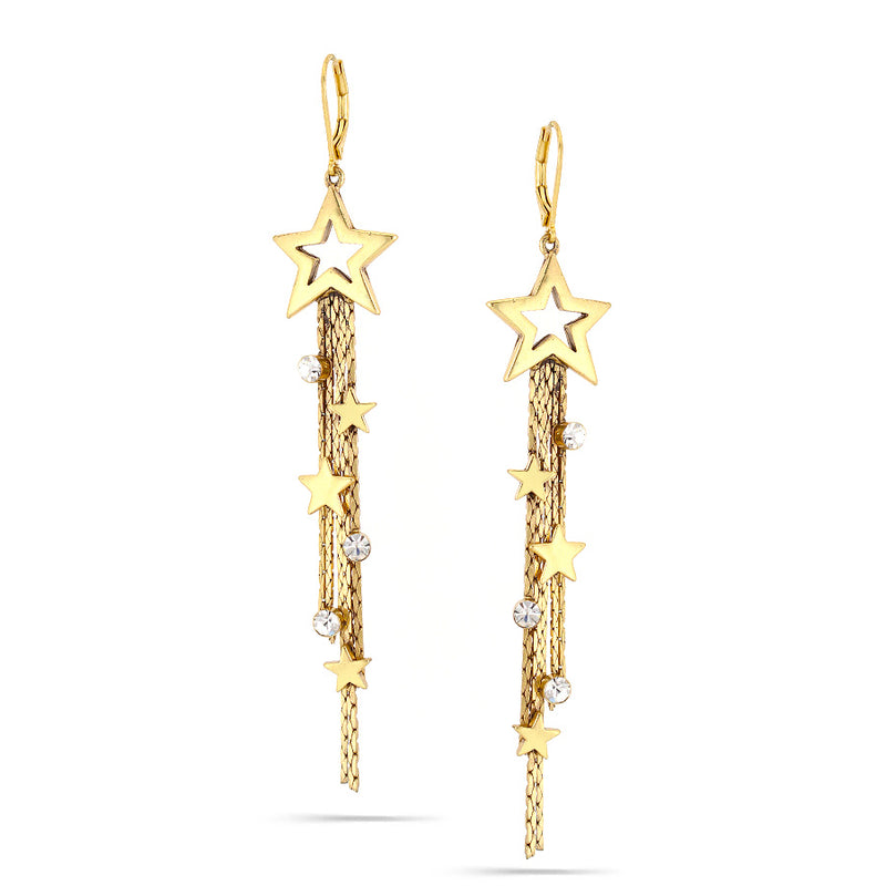 Gold-Tone Metal Star Crystal Tassel Earrings