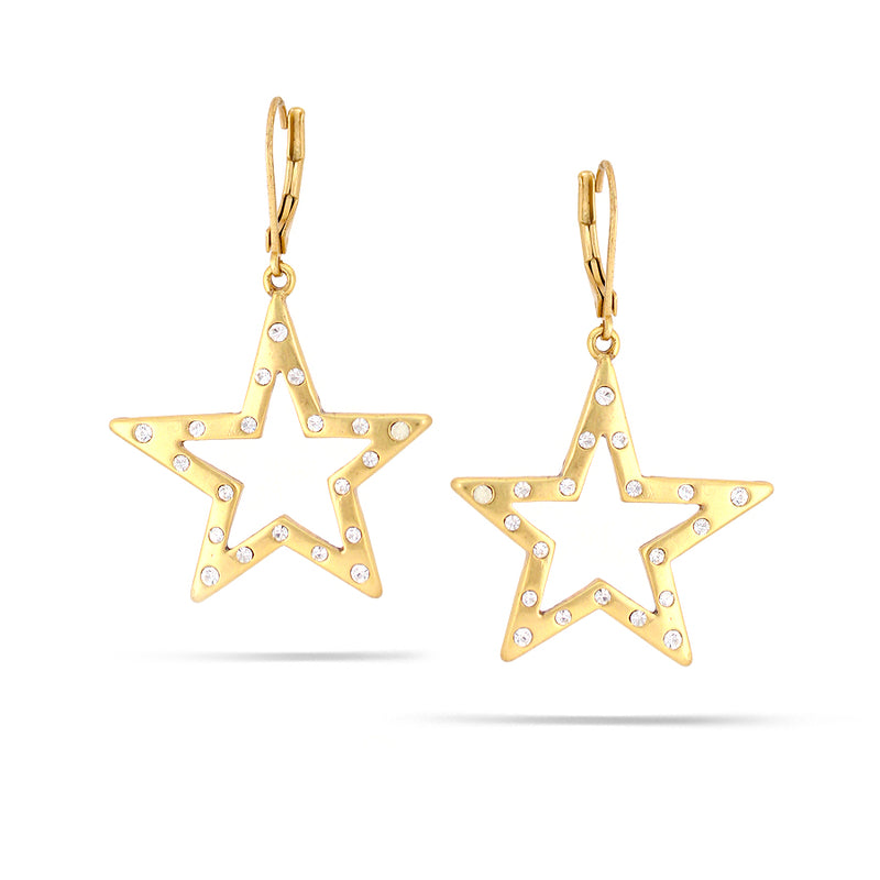Gold-Tone Metal White Crystal Star  Earrings