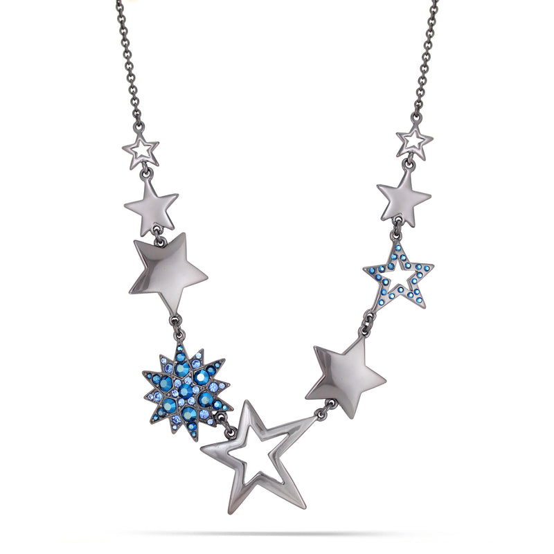 Hematite-Tone Metal Star Blue Crystal Necklace