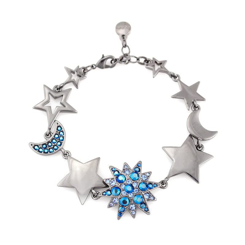 Hematite-Tone Metal Star Blue Crystal Bracelets