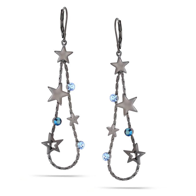 Hematite-Tone Metal Blue Crystal Multi Star Earrings