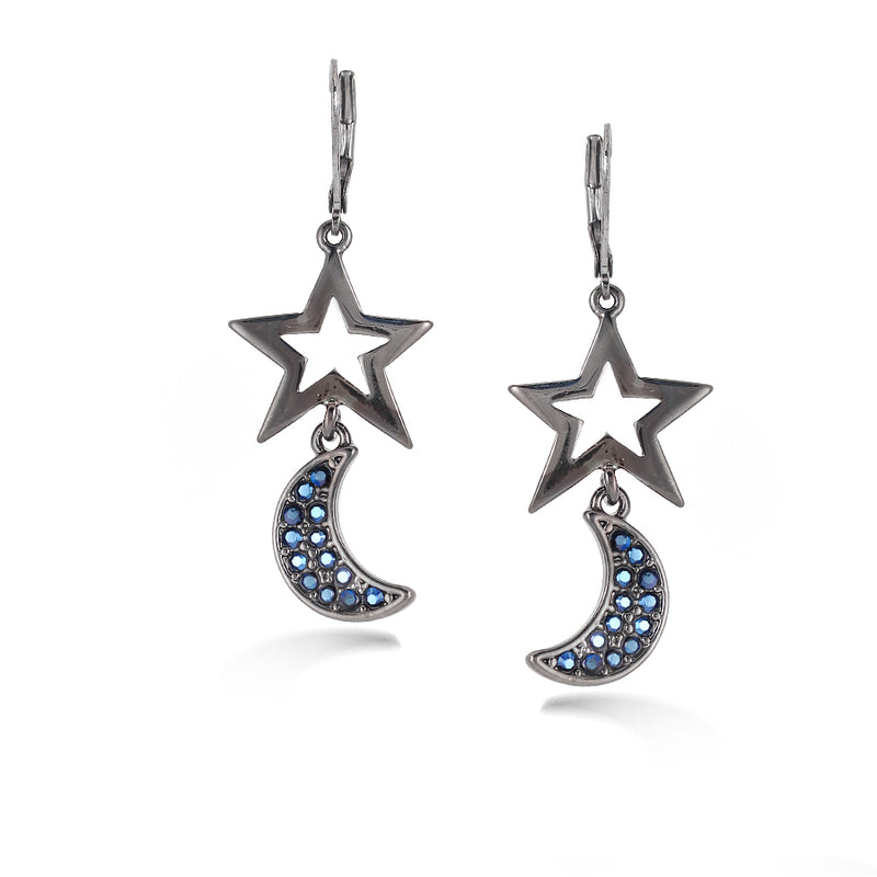 Hematite-Tone Metal Star And Moon White Crystal Earrings
