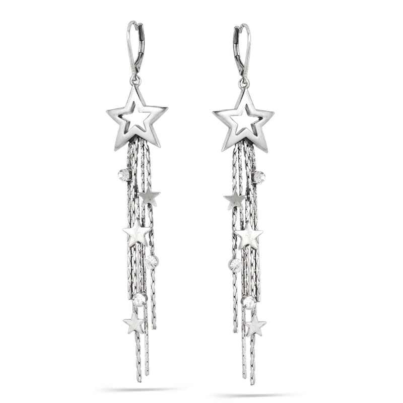 Rhodium-Tone Metal White Crystal Multi Star Tassel Earrings