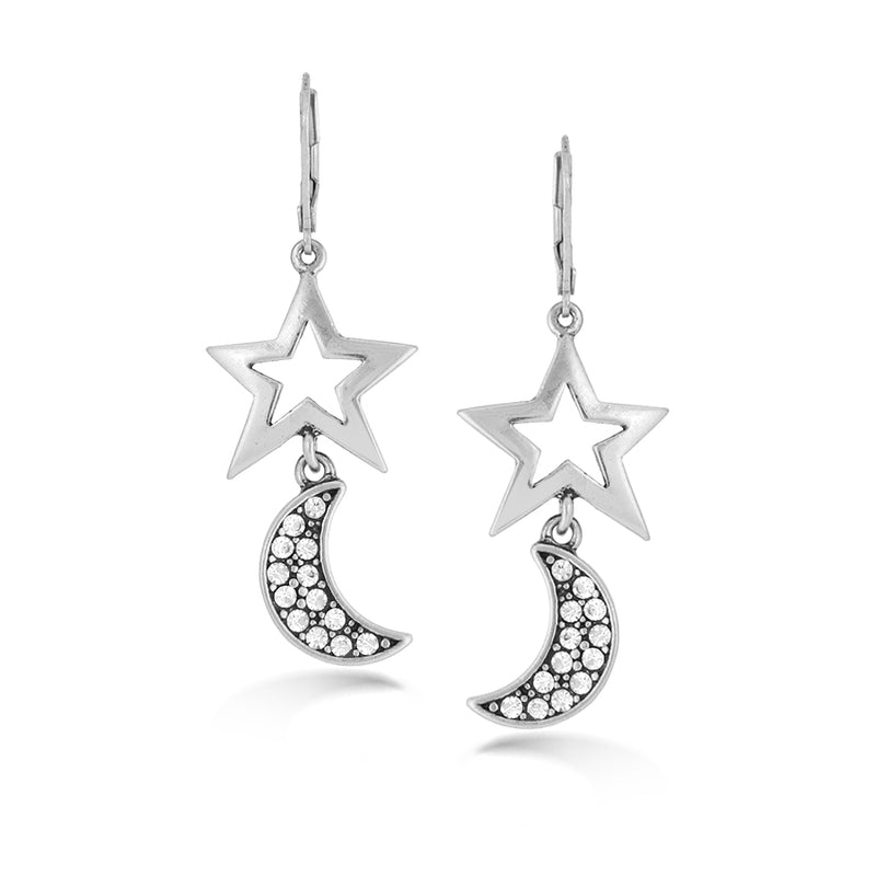 Rhodium-Tone Metal Star And Moon White Crystal Earrings