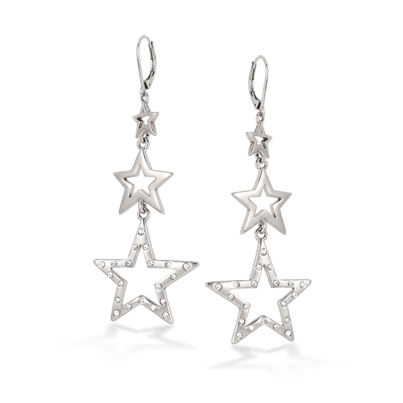 Rhodium-Tone Metal White Crystal 3 Star  Earrings