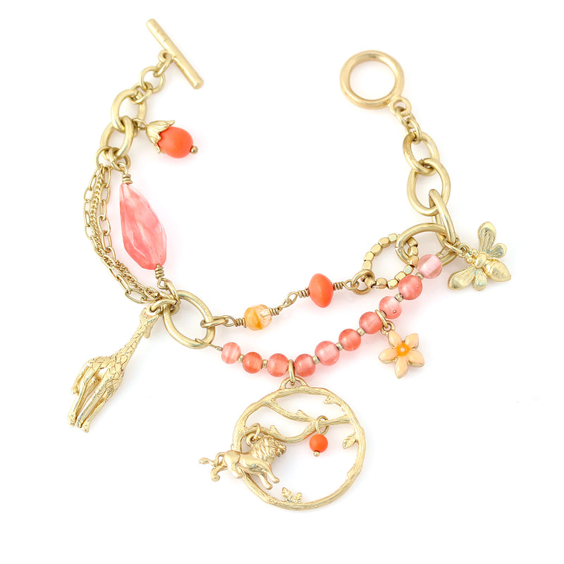 Silver-Tone Metal Charms Peach Beads Wrap Around Bracelets