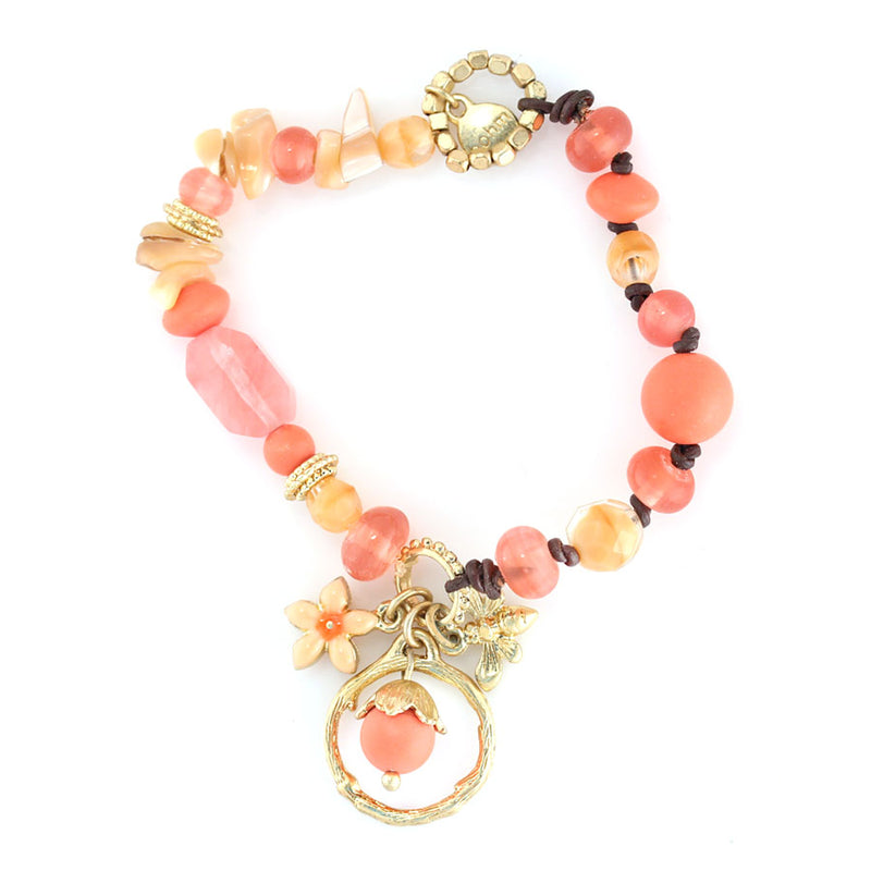 Gold-Tone Metal Coral And Peach Beads Stretch Bracelets