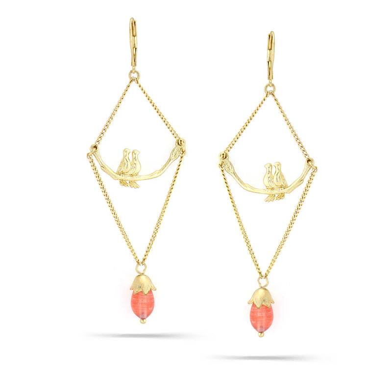 Gold-Tone Metal Love Birds Orange Crystal Drop Earrings