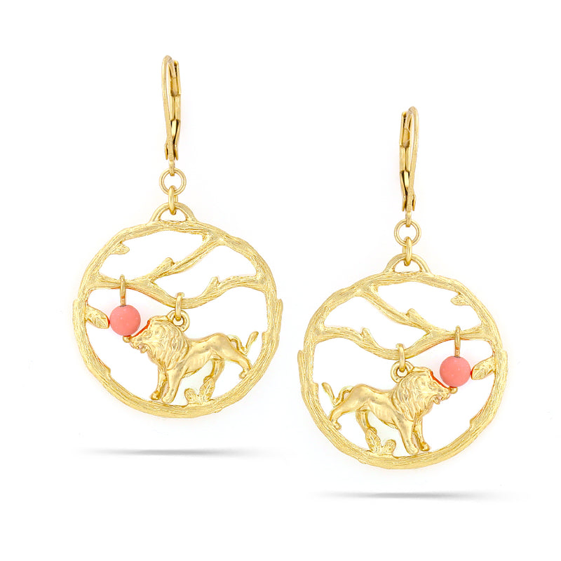 Gold-Tone Metal Lion Charm Drop Earrings