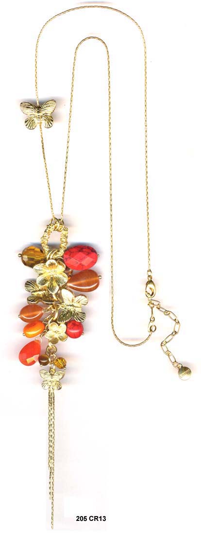 Gold-Tone Metal Flower Butterfly Charm Coral Necklace