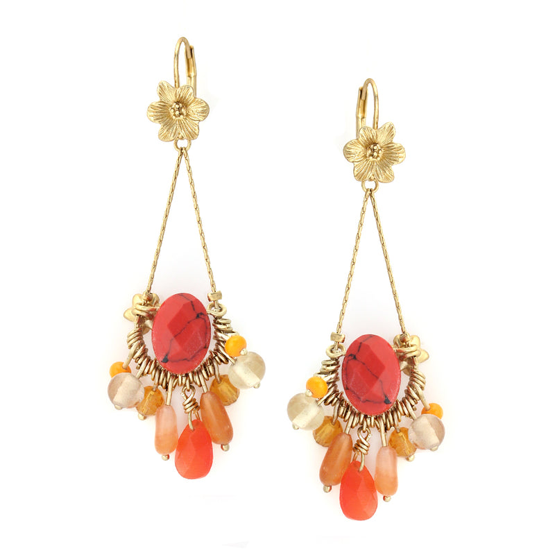 Gold-Tone Metal Flower  Coral Drop Earrings