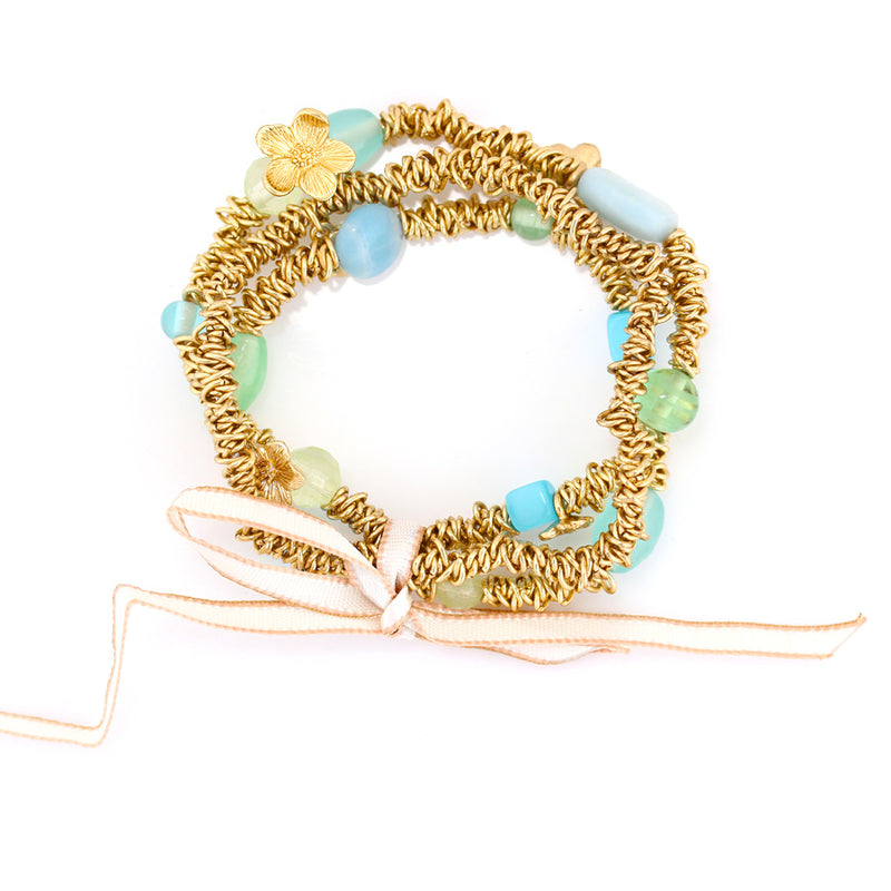 Gold-Tone Metal Blue And Green Beads Stretch Bracelets