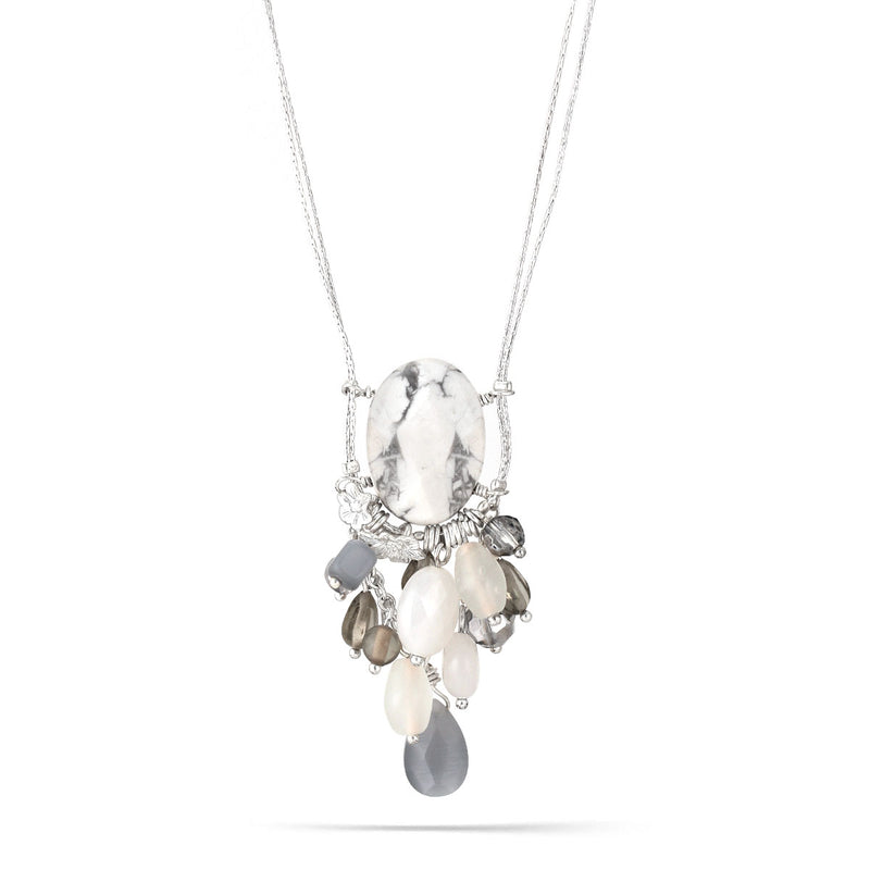 Silver-Tone Metal White And Silver Grey Moonstone Drop Necklace