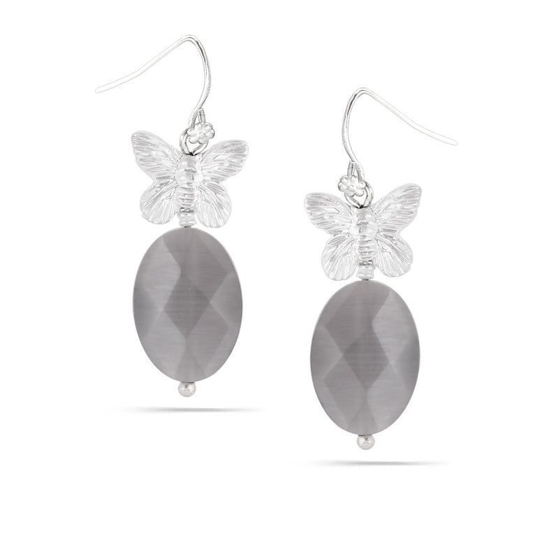 Silver-Tone Metal Butterfly Grey Faceted Stone Drop Earrings