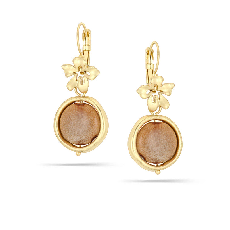 Gold-Tone Metal Flower Brown Stone Drop Earrings
