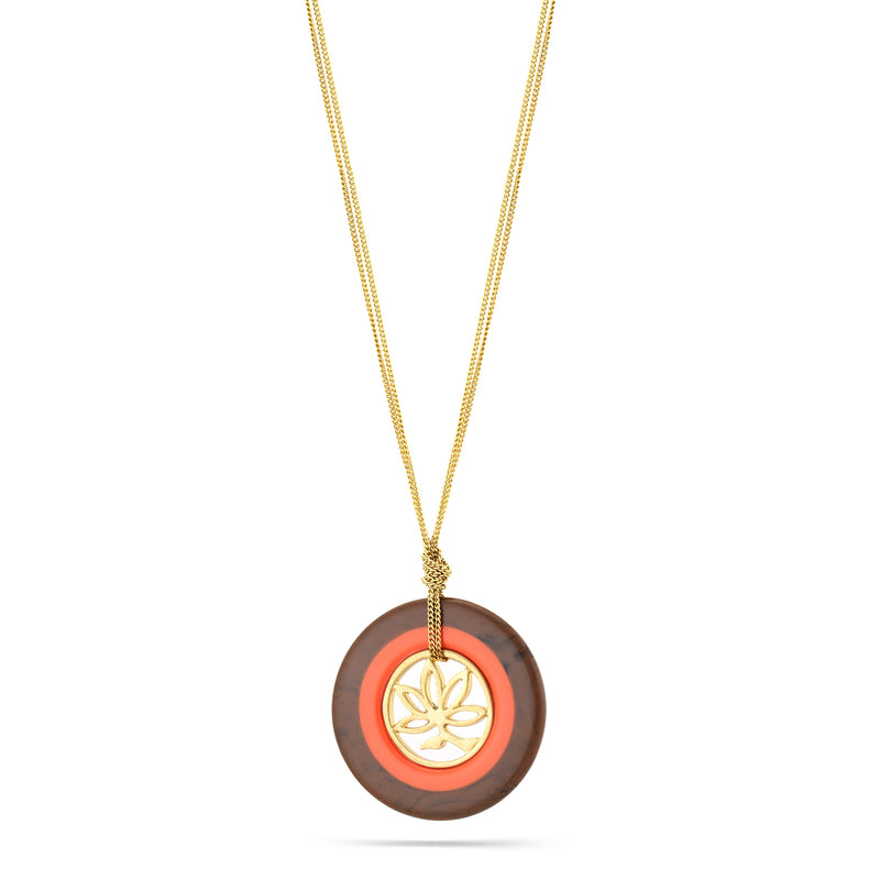 Gold-Tone Metal Coral Brown And Gold Filigree Round Pendant Necklace