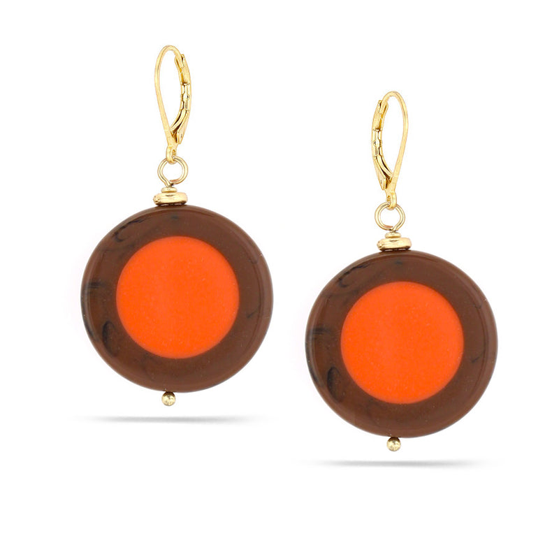 Gold-Tone Metal Coral And Brown Round Drop Earrings