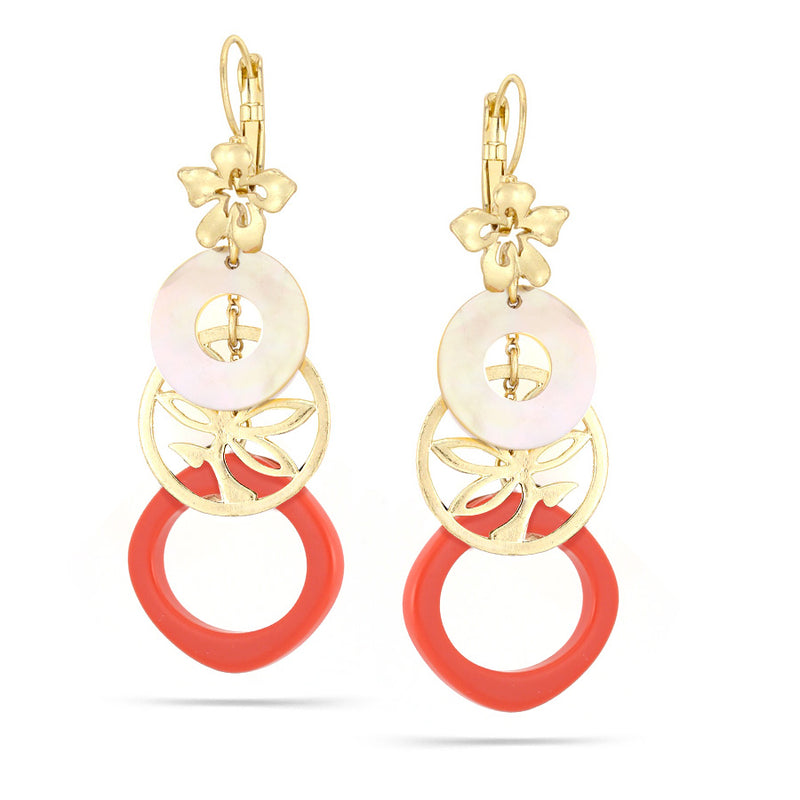 Gold-Tone Metal Filigree Coral And Mother Of Pearl Drop Earrings