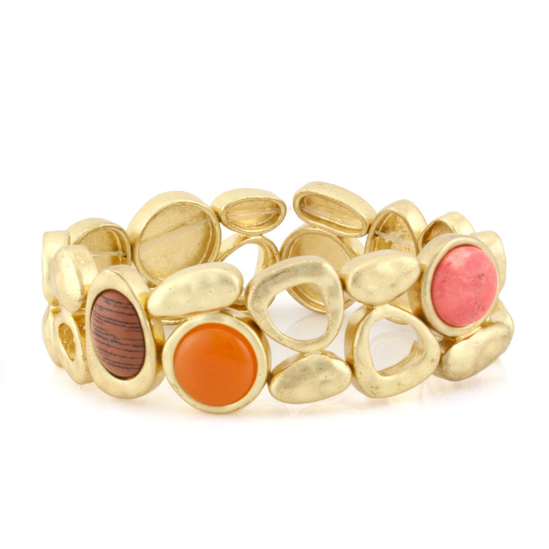 Gold Matte Finished-Tone Coral-Orange And Brown Stone Stretch Bracelets