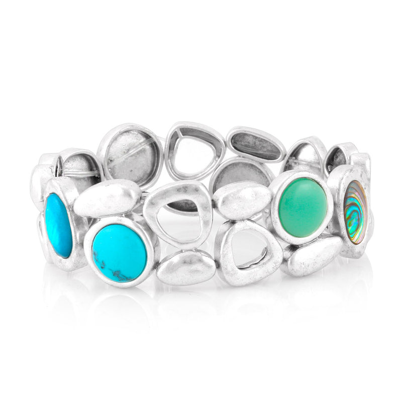 Silver Matte Finished-Tone Turquoise And Abolone Shell Stretch Bracelets