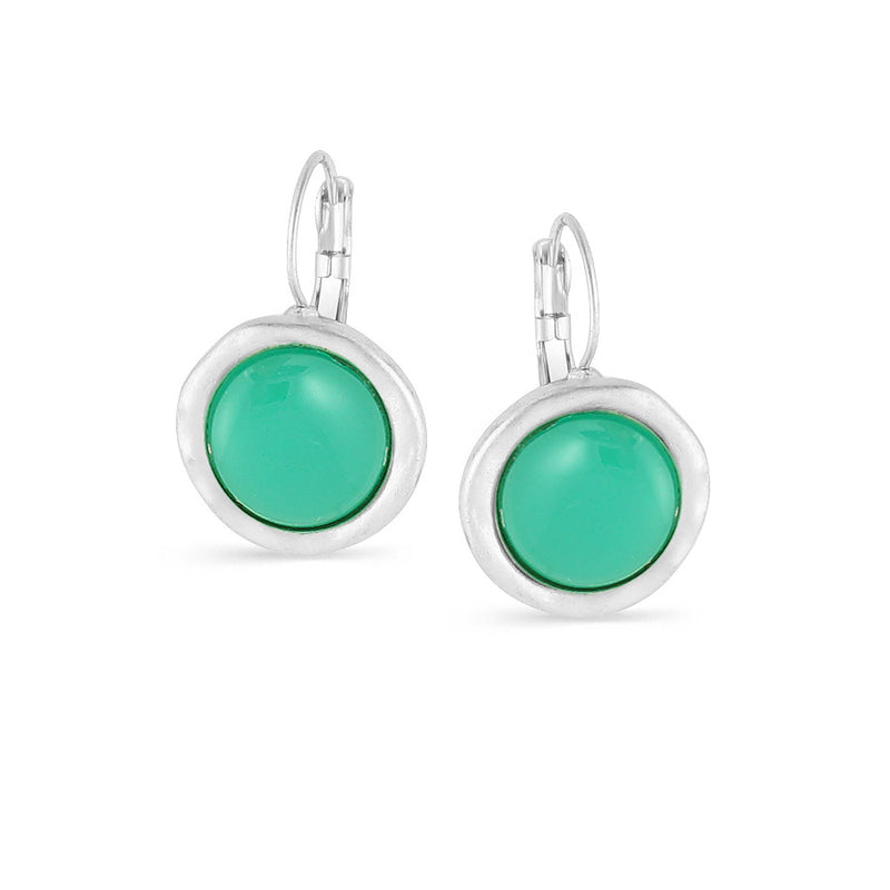 Silver Matte Finished Tone Metal Green Round Stone Drop Earrings