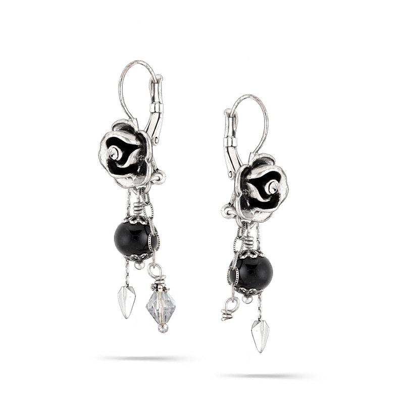 Silver-Tone Metal Arrow Balck And Clear Crystal Beard Drop Earrings