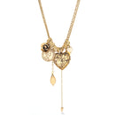 Gold-Tone Metal Heart Filigree Locket Flower And Coin Charm Necklace