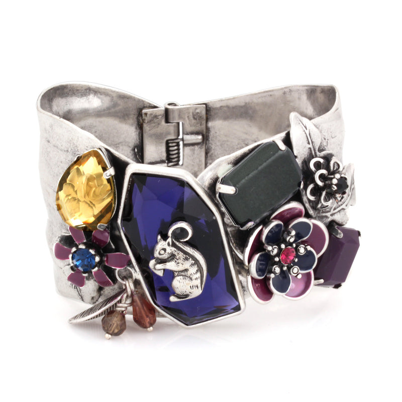 Silver-Tone Metal Squirrel And Purple Crystal Flower Hinged Bracelets