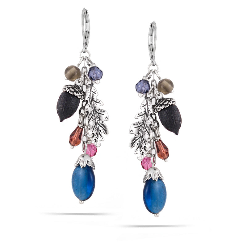 Silver-Tone Metal Blue Crystal Acorn And Leaf Charm Earrings